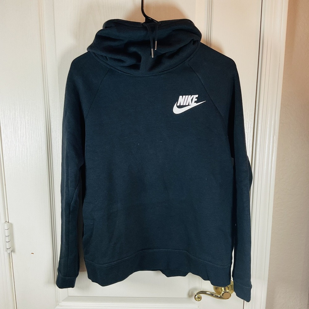 Nike‎ Men's Medium Black Pullover Hoodie White Swoosh Logo Pockets Warm Light